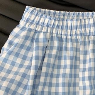 青ファッション 格子柄ゆったりワイドパンツ