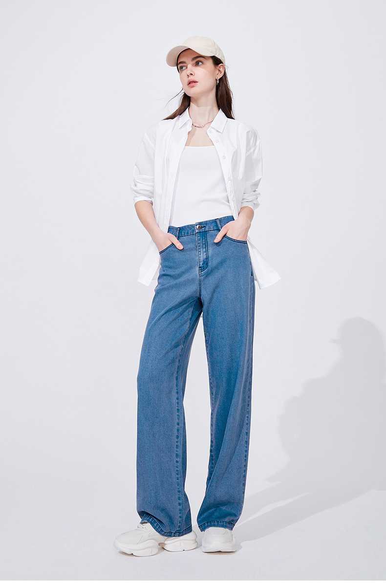 青ファッション パンツ すっきりワイドデニムパンツ