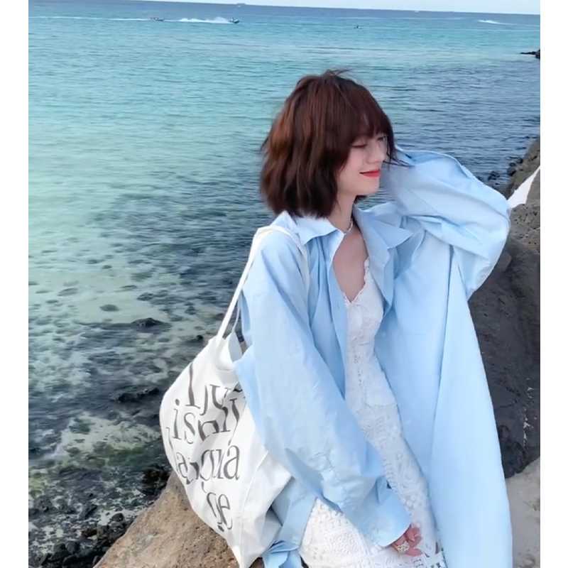 青ファッション ブラウス ゆったりリゾート風トップス