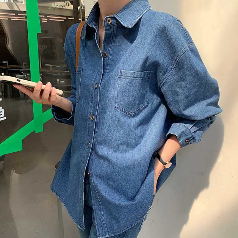 青ファッション ブラウス ゆったりデニムトップス