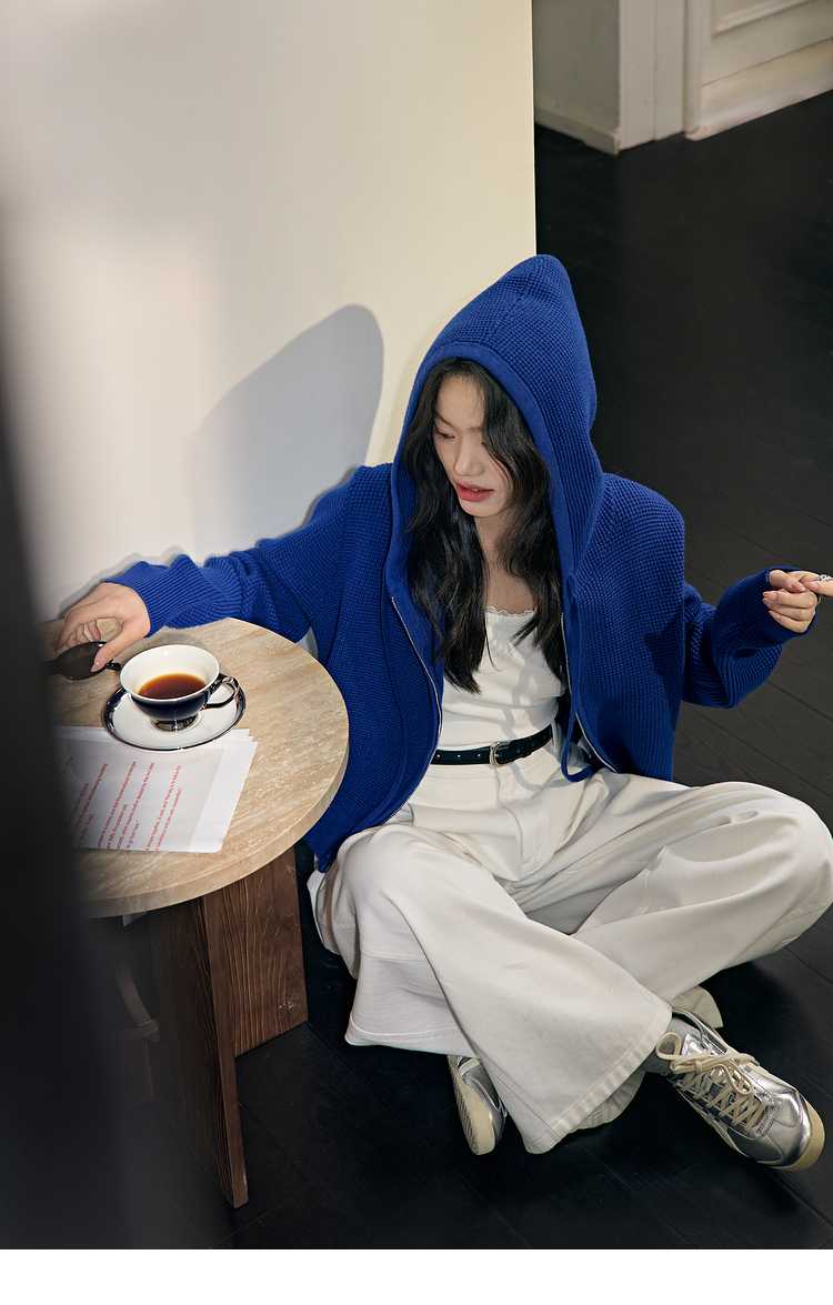 青ファッション パーカー 綿麻素材のゆったりフード付きジャケット