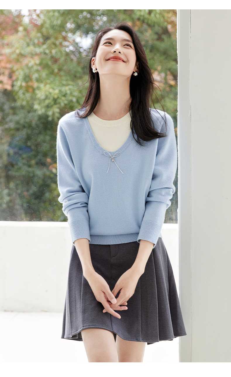 青ファッション ニット リボンVネック重ね着ニット