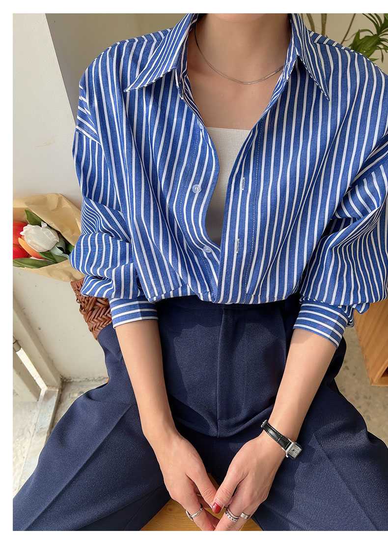青ファッション シャツ ストライプ柄ゆったりシャツ