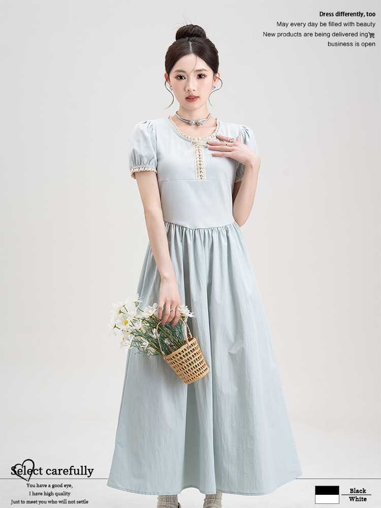 青ファッション 青ファッション 優美パフスリーブワンピース