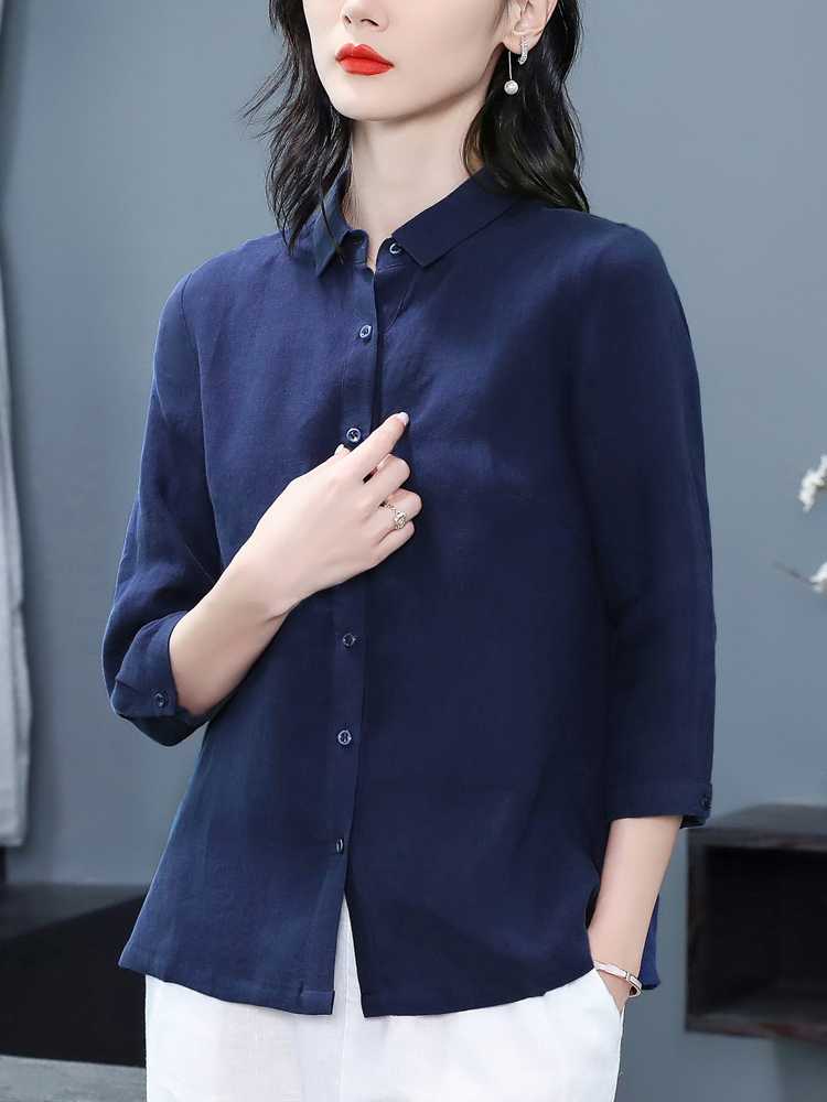青ファッション 七分袖リネン風シンプルブラウス
