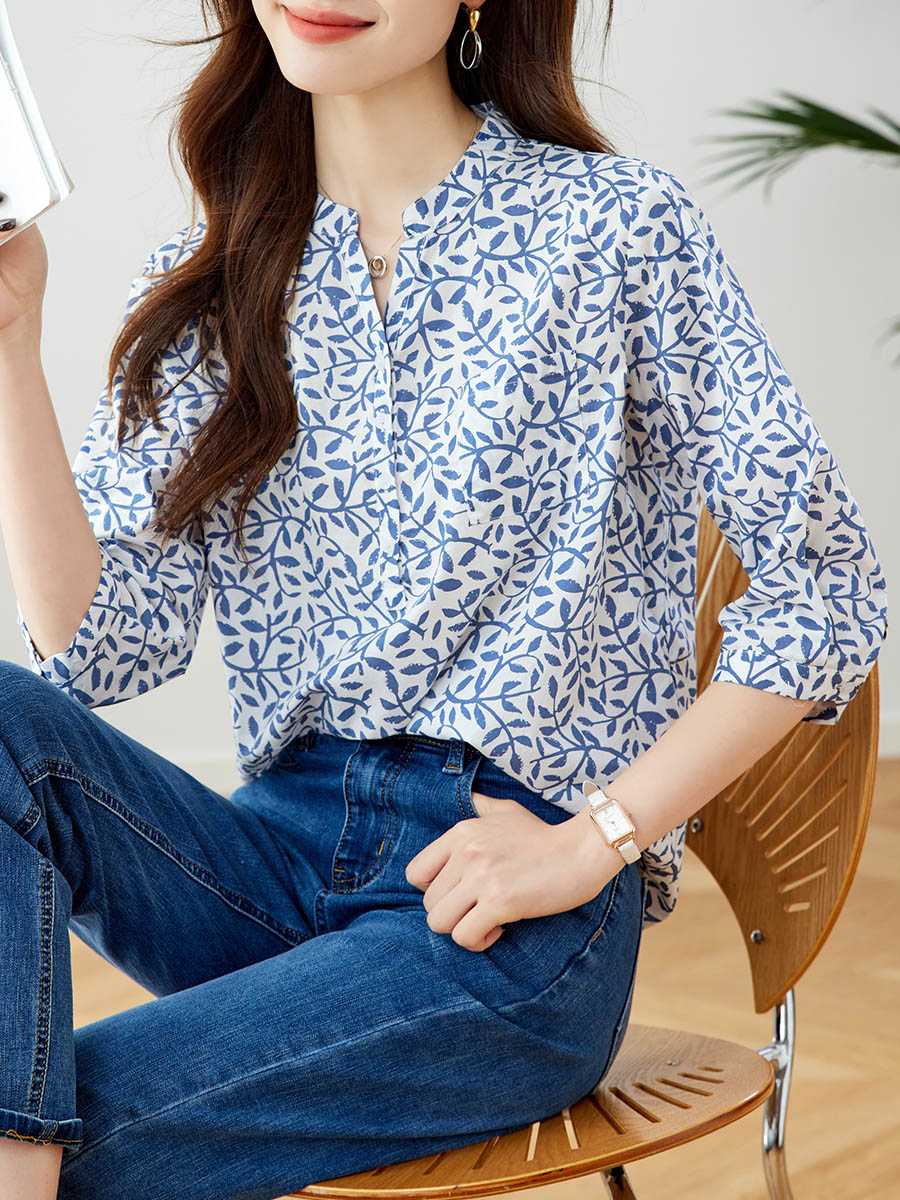 青ファッション 小枝模様のスタンドカラーシャツ