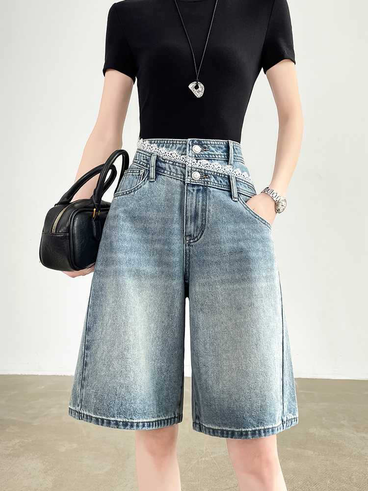 青ファッション レース装飾デニムハーフパンツ
