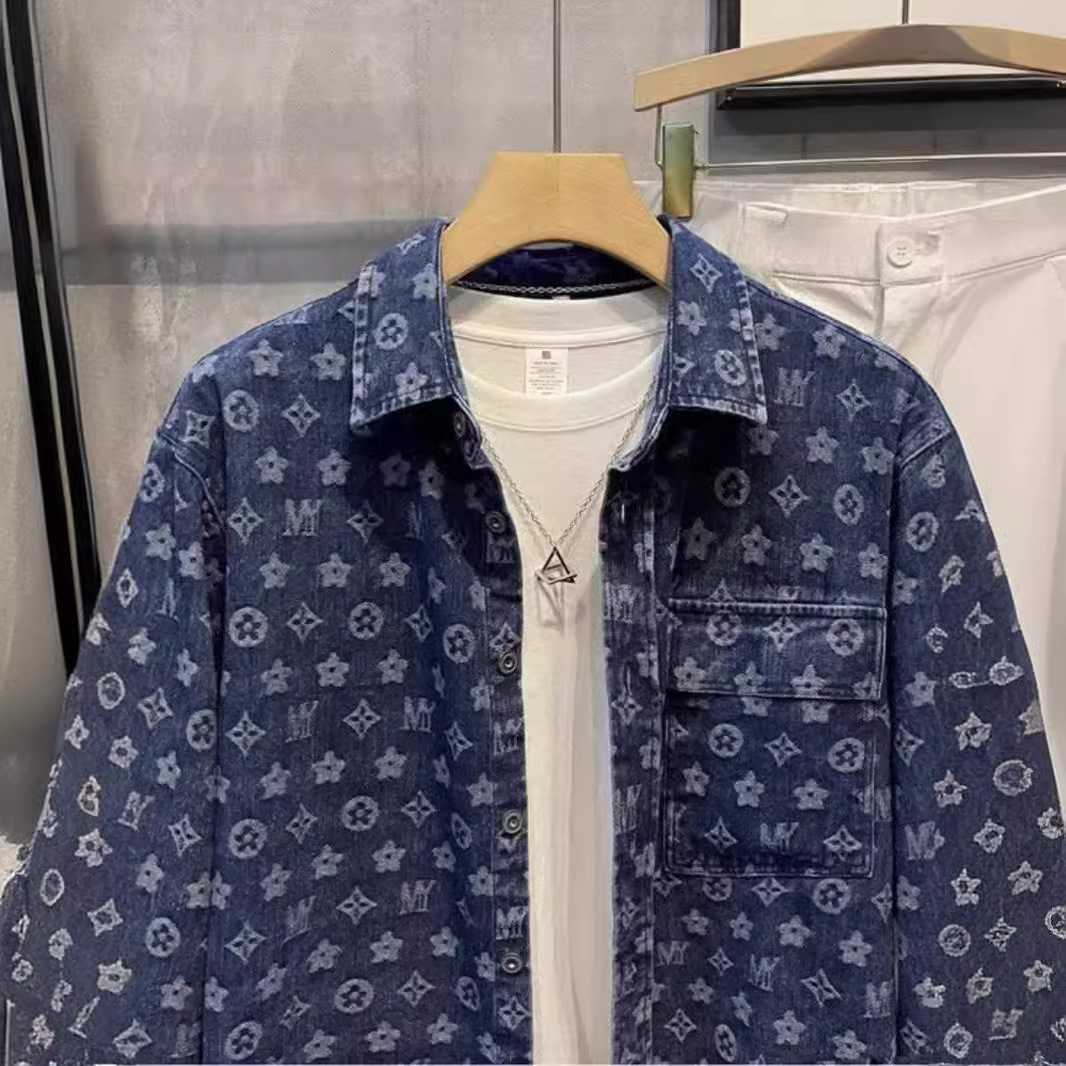 青ファッション 花模様デニムシャツジャケット