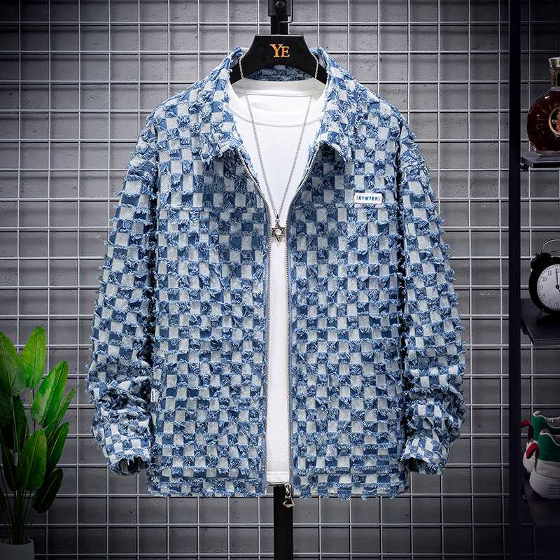 青ファッション 市松模様デニムジャケット
