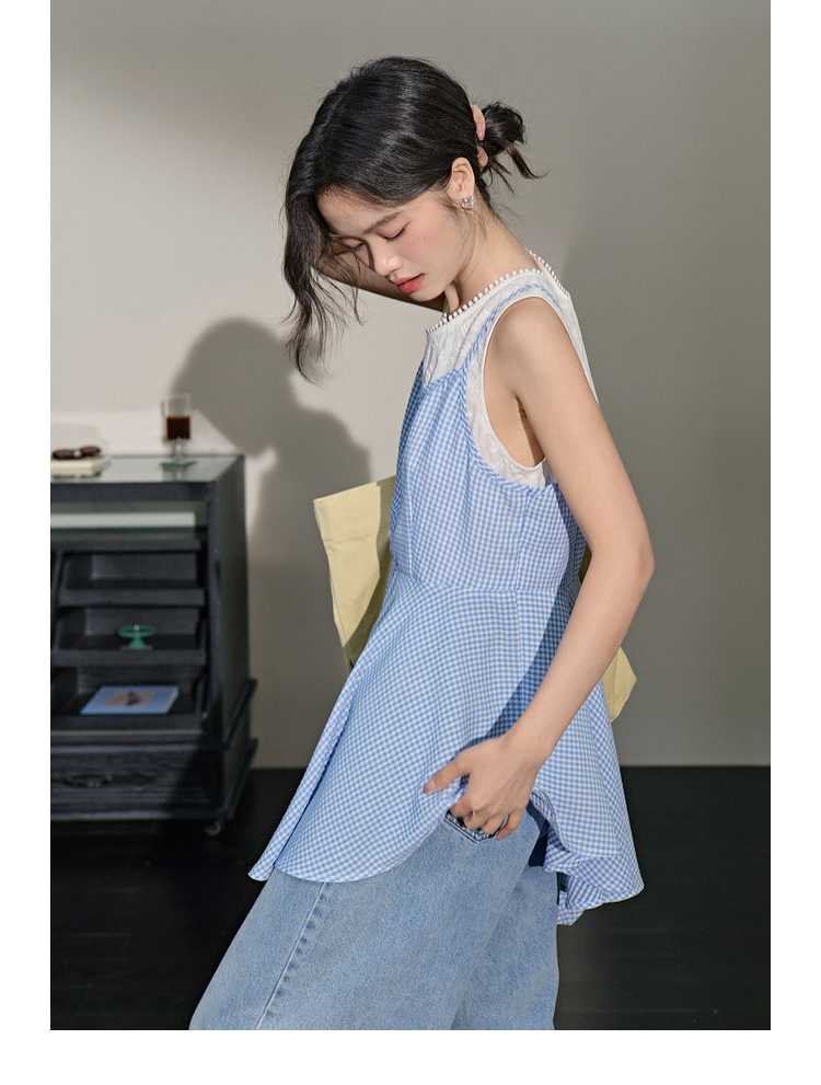 青ファッション 格子柄フレアブラウス
