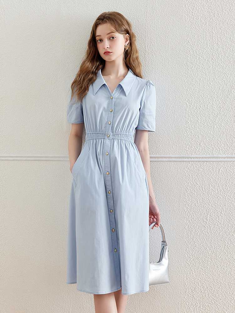 青ファッション 清涼感漂うシャツ襟ワンピース