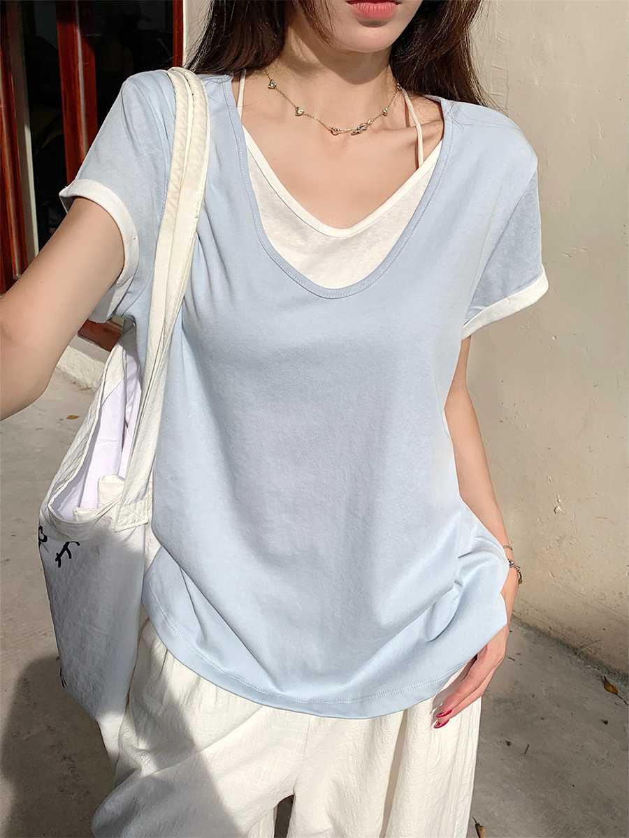 青ファッション 二重襟デザイン半袖シャツ
