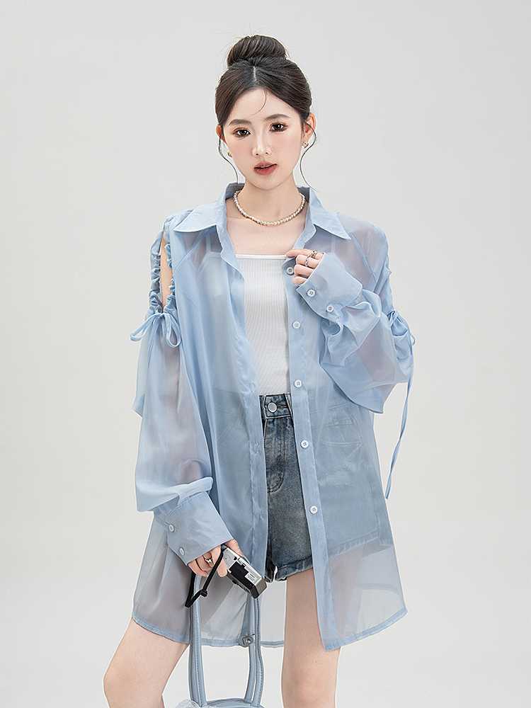 青ファッション 透け感シースルー袖リボンシャツ