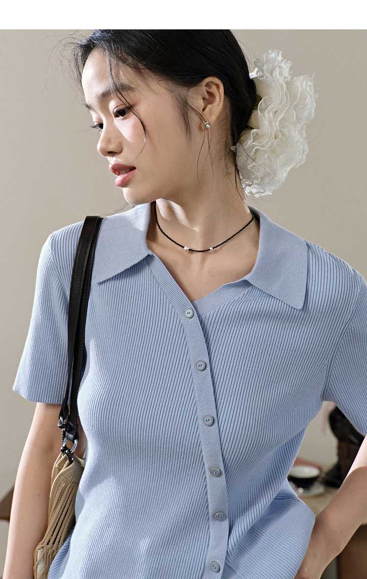 青ファッション 優美リブ編み襟付きカーディガン