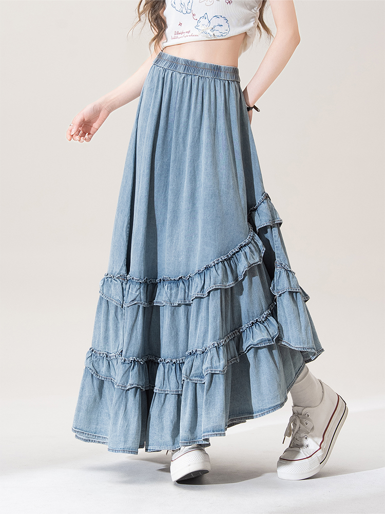 青ファッション ふんわりフリルマキシスカート