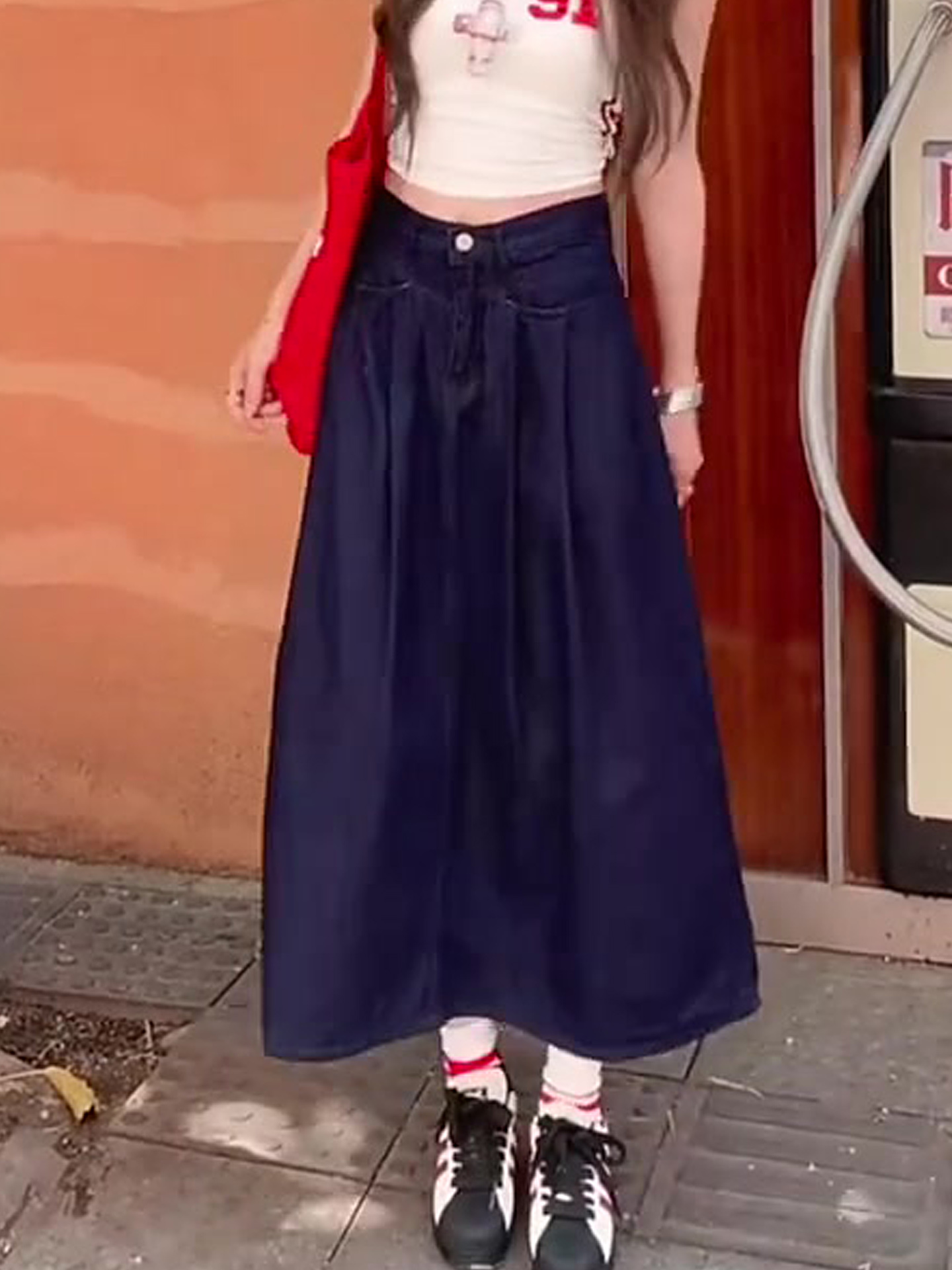 青ファッション ゆったりデニムフレアロングスカート