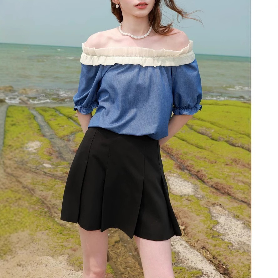 青ファッション 優美フリル肩出しブラウス