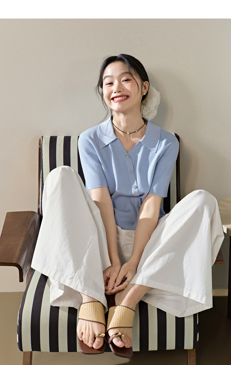 青ファッション 優美リブ編み襟付きカーディガン