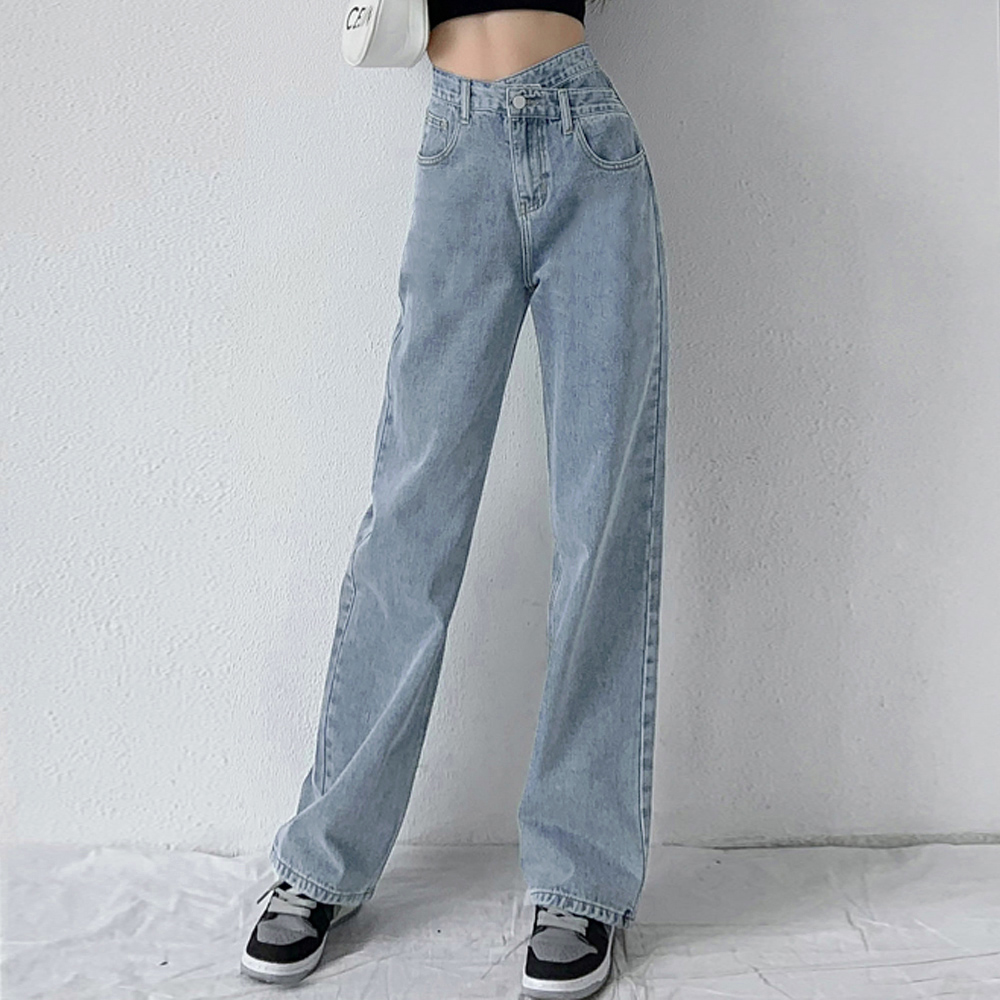 青ファッション ハイウエストクロスデザインデニムパンツ