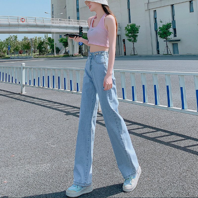 青ファッション 新作レディースゆったりハイウエストワイドデニムパンツ