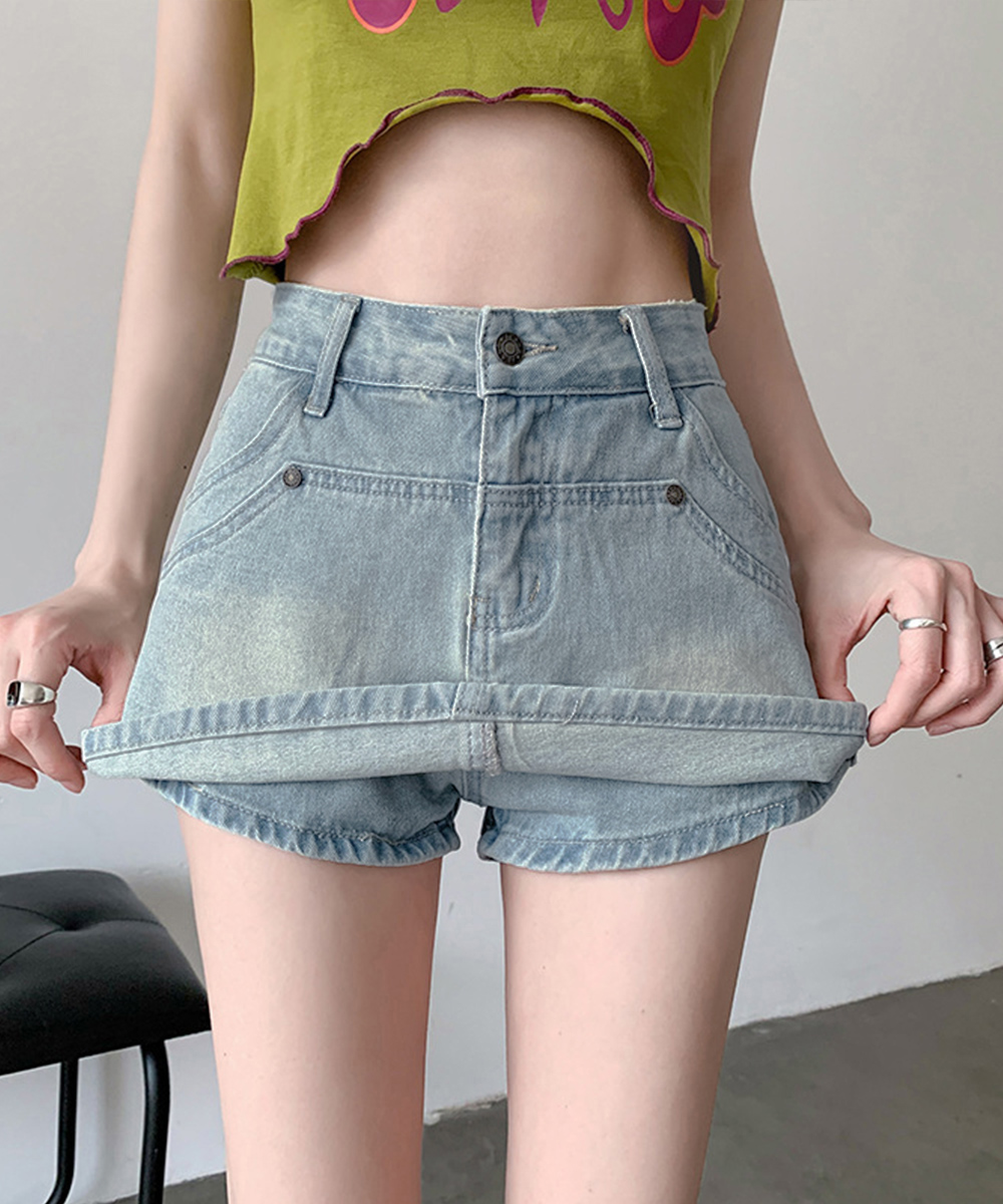 青ファッション 美脚デニムスカパン 台形シルエットパンツ