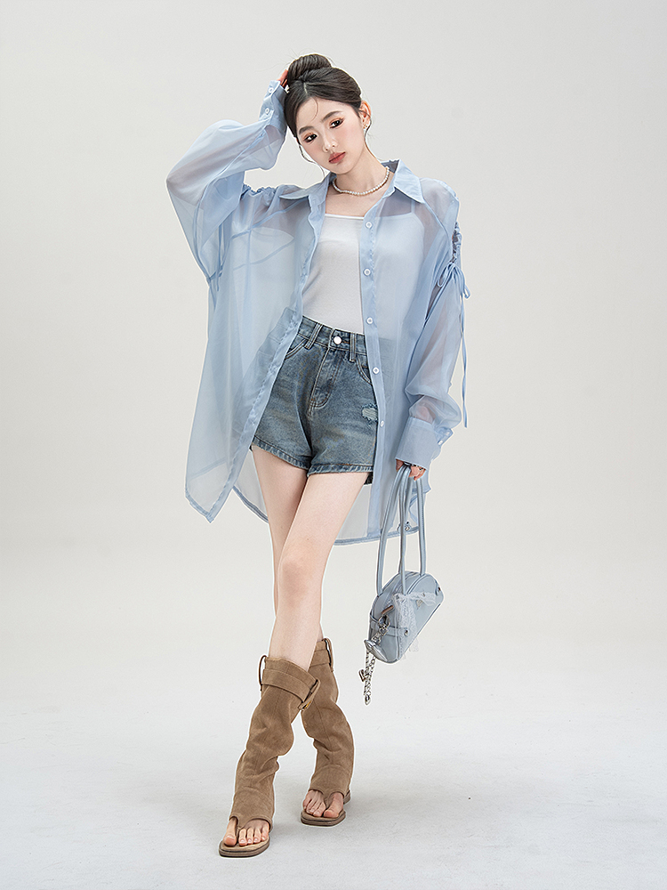 青ファッション 透け感シースルー袖リボンシャツ