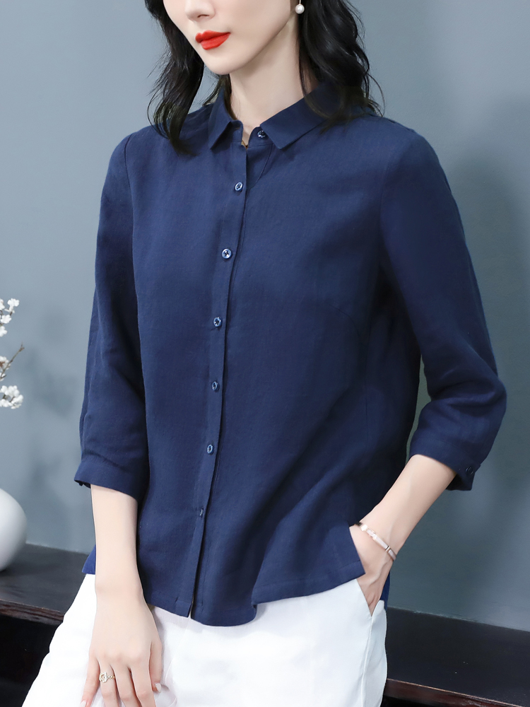青ファッション 七分袖リネン風シンプルブラウス