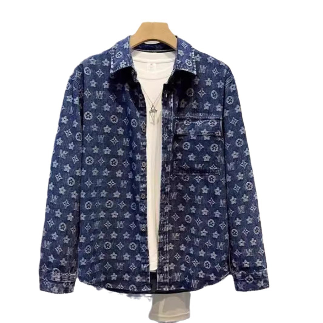 青ファッション 花模様デニムシャツジャケット