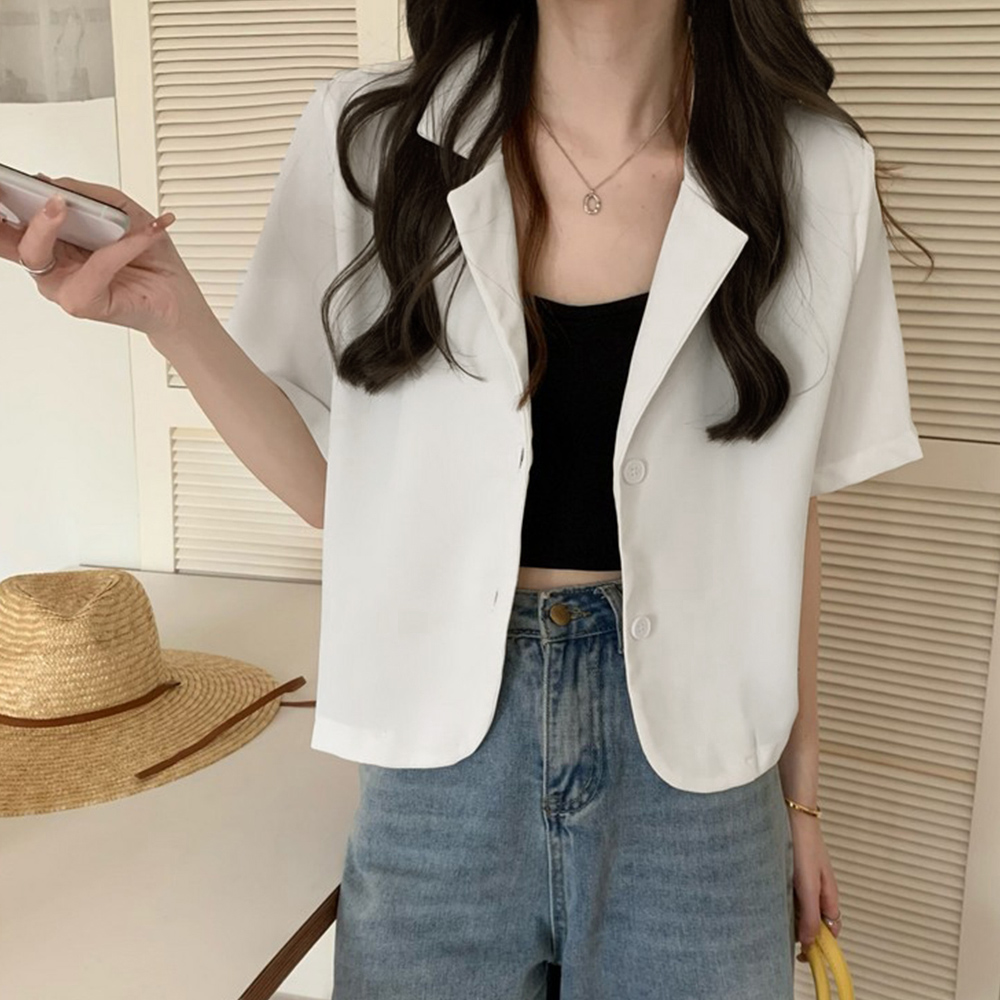 青ファッション 青み色クロップド丈半袖シャツジャケット