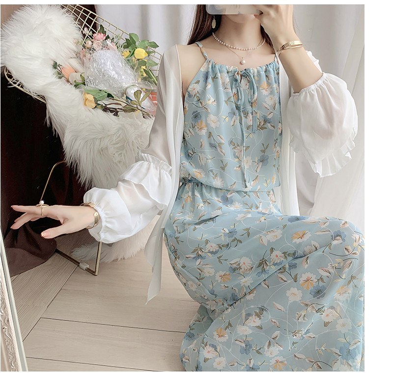 青ファッション 春夏花柄シフォンキャミワンピース水色