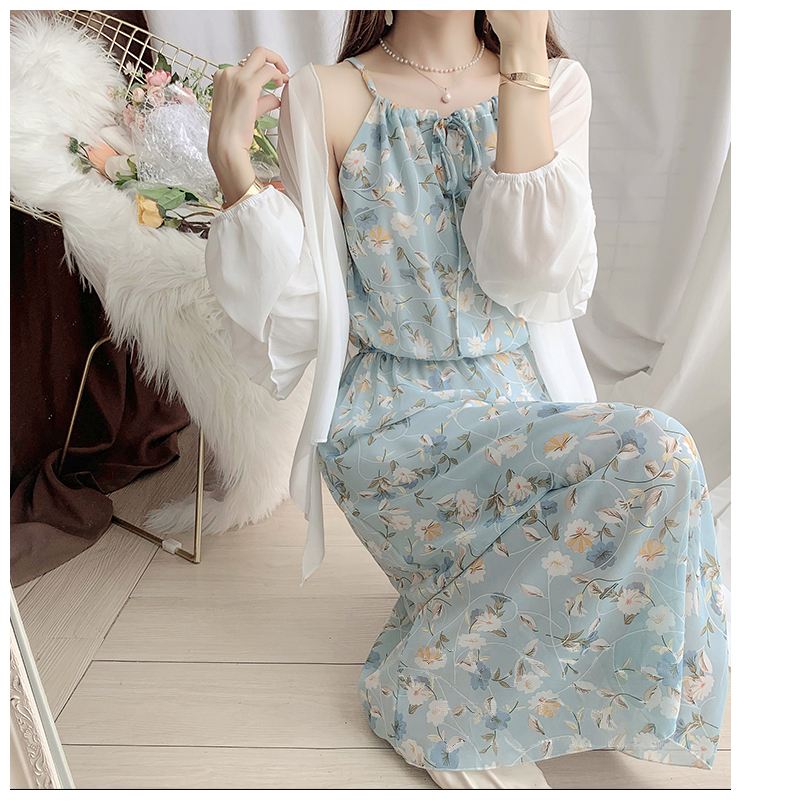 青ファッション 春夏花柄シフォンキャミワンピース水色