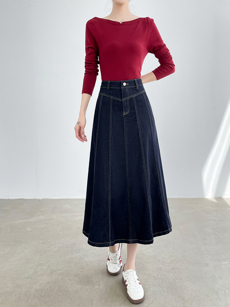 青ファッション ステッチデザインデニムフレアスカート