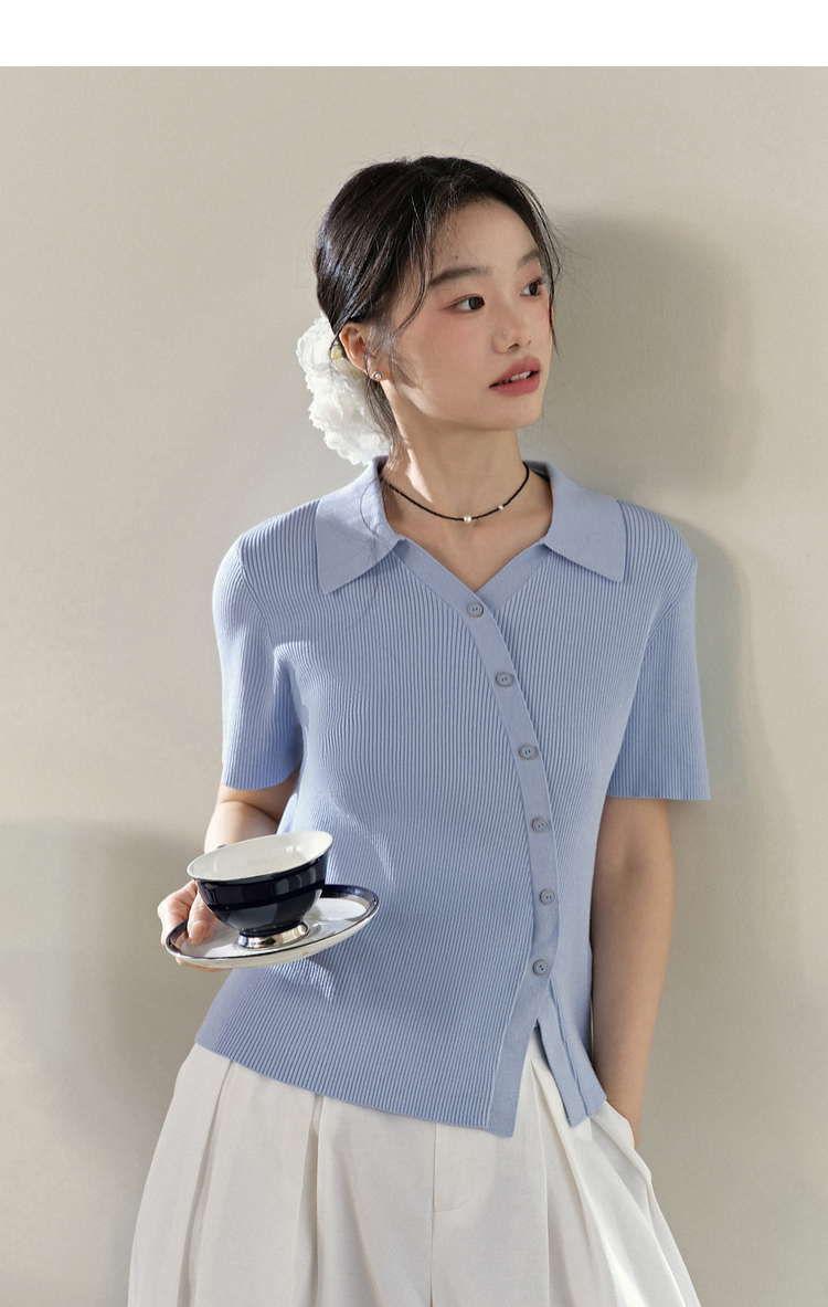 青ファッション 優美リブ編み襟付きカーディガン