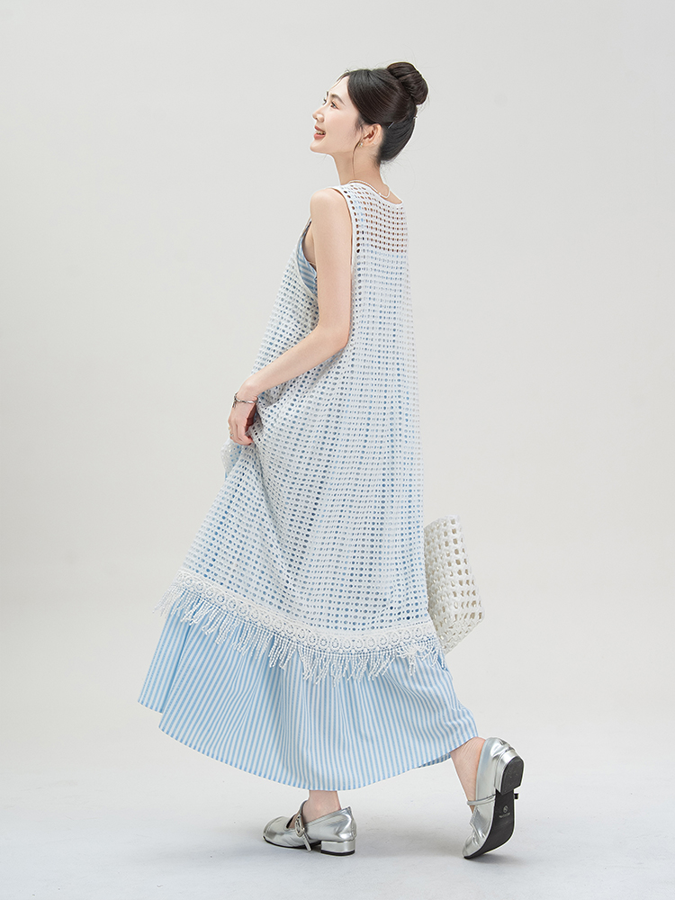 青ファッション レイヤード風マキシスカート