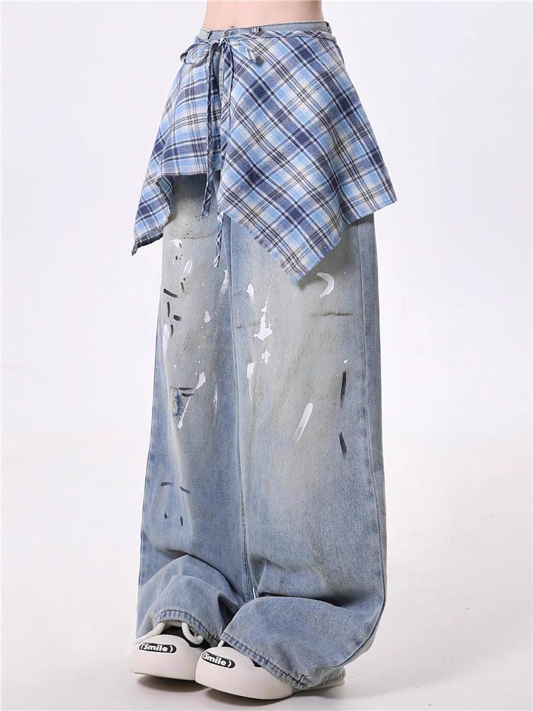 青ファッション チェック重ね風デニムワイドパンツ