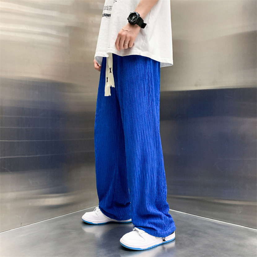 青ファッション しわ加工ワイドパンツ