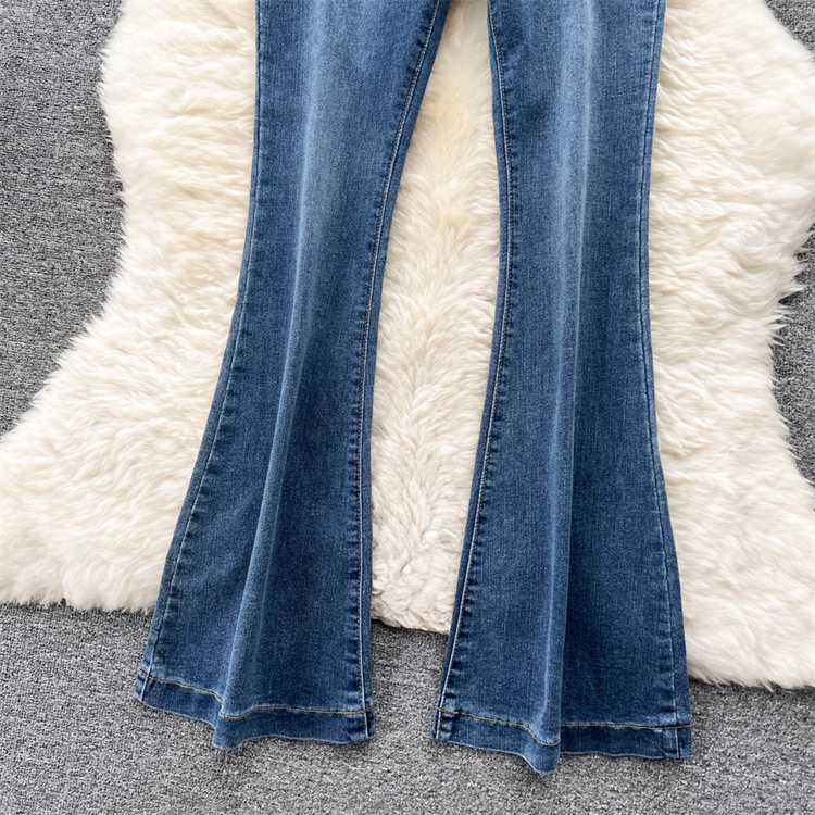 青ファッション レトロ風フレアデニムパンツ ハイウエスト