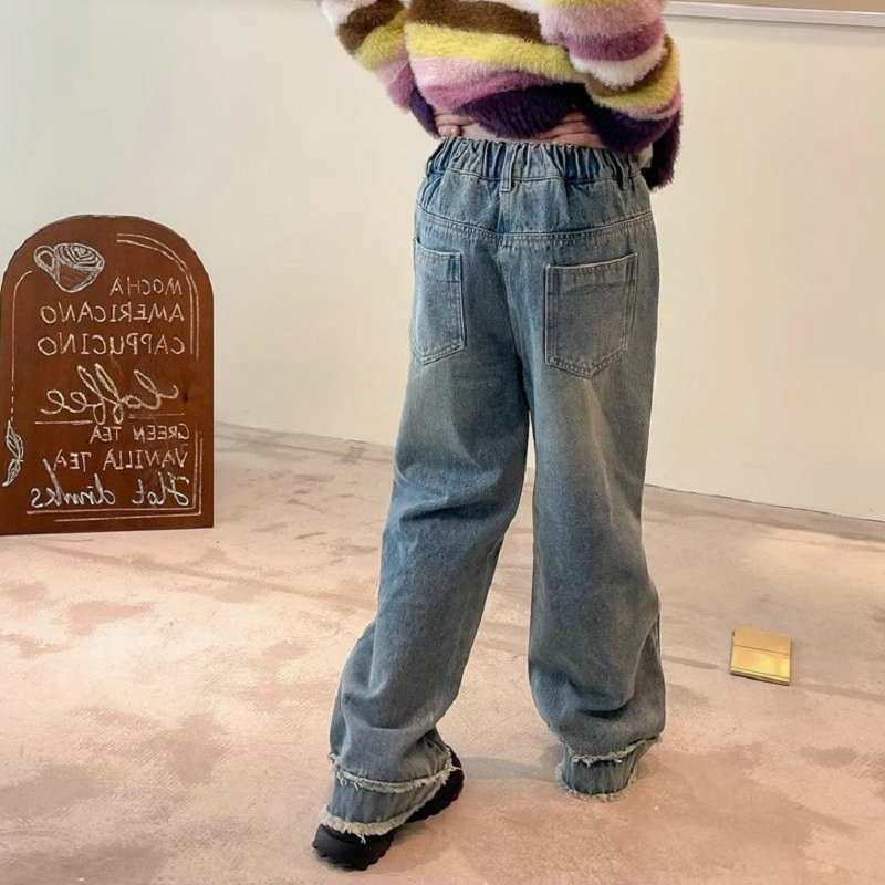 青ファッション 子供服デニムパンツ切りっぱなしワイドストレート