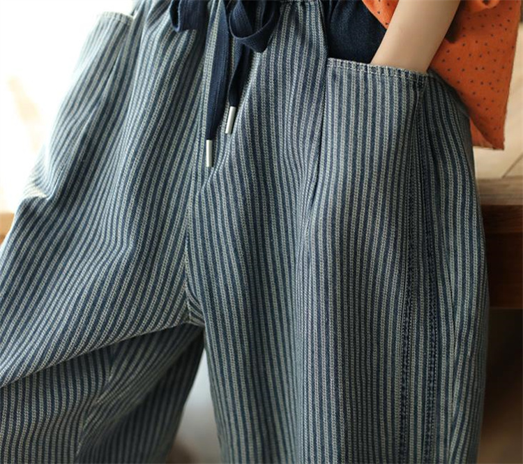青ファッション 春夏用縦縞テーパードパンツ レトロ風デニム調