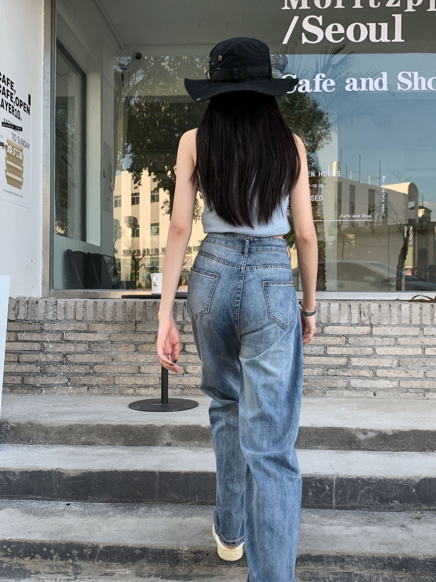 青ファッション ハイウエストデニムパンツゆったりワイドボトムス