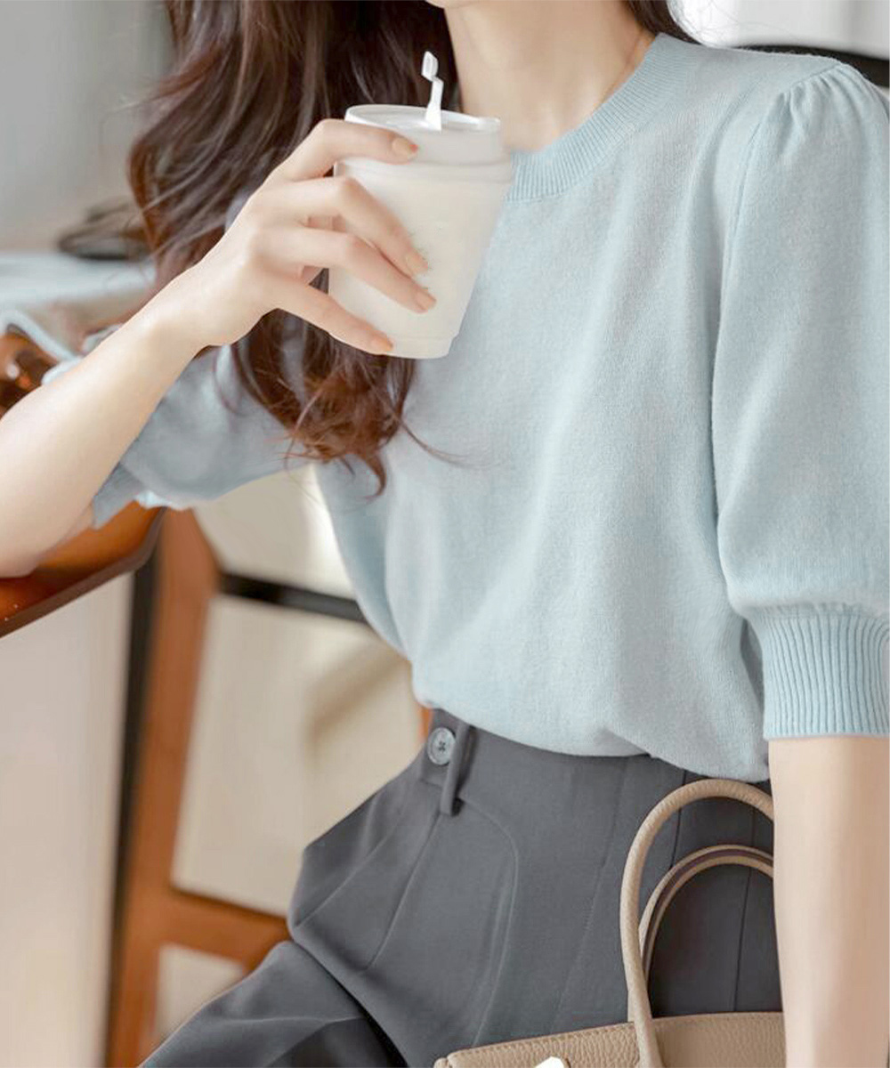 青ファッション パフスリーブ リブ切替 上品サマーニット