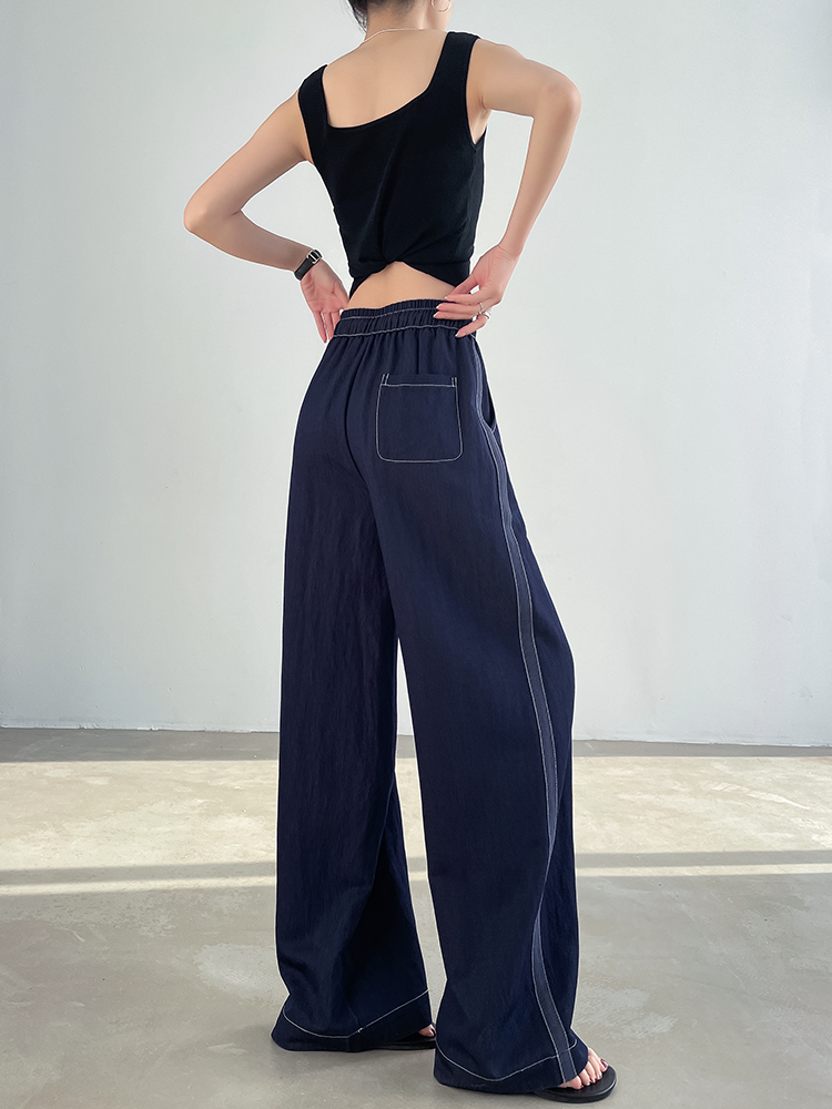 青ファッション ワイドシルエット ドローストリングパンツ