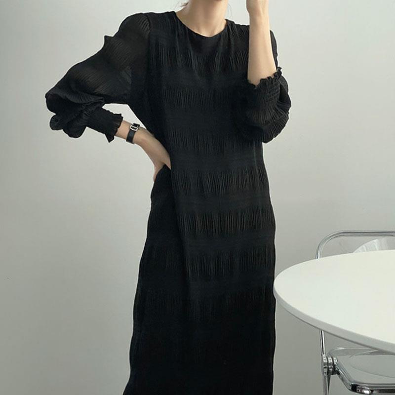 青ファッション シャーリング シフォン ロング ワンピース 長袖 レディース