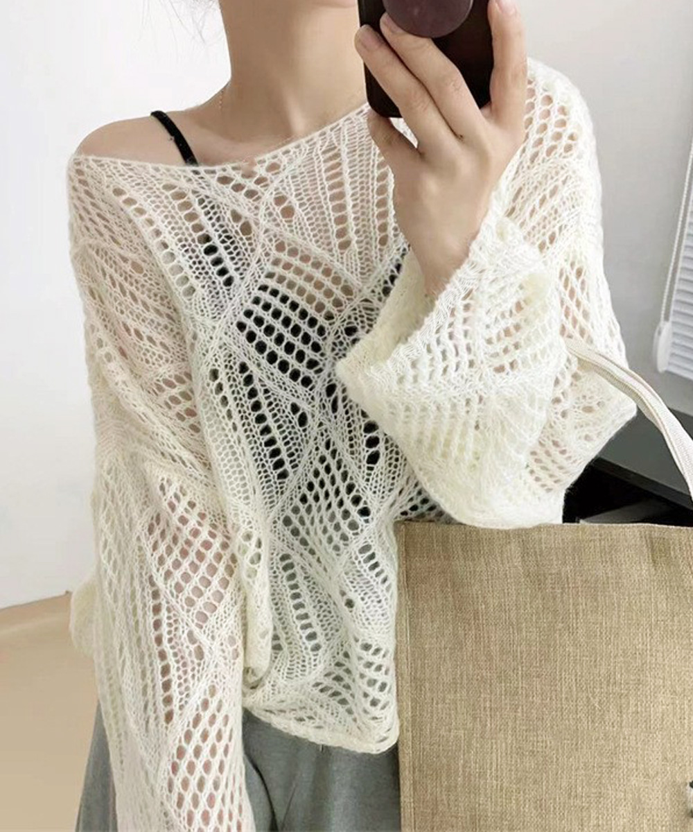 青ファッション 透かし編み ゆったりニット 肩落ちデザイン