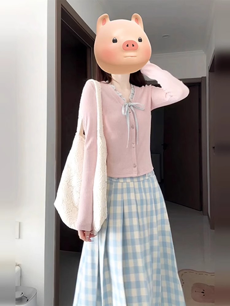 青ファッション 青ファッション 格子柄プリーツロングスカート