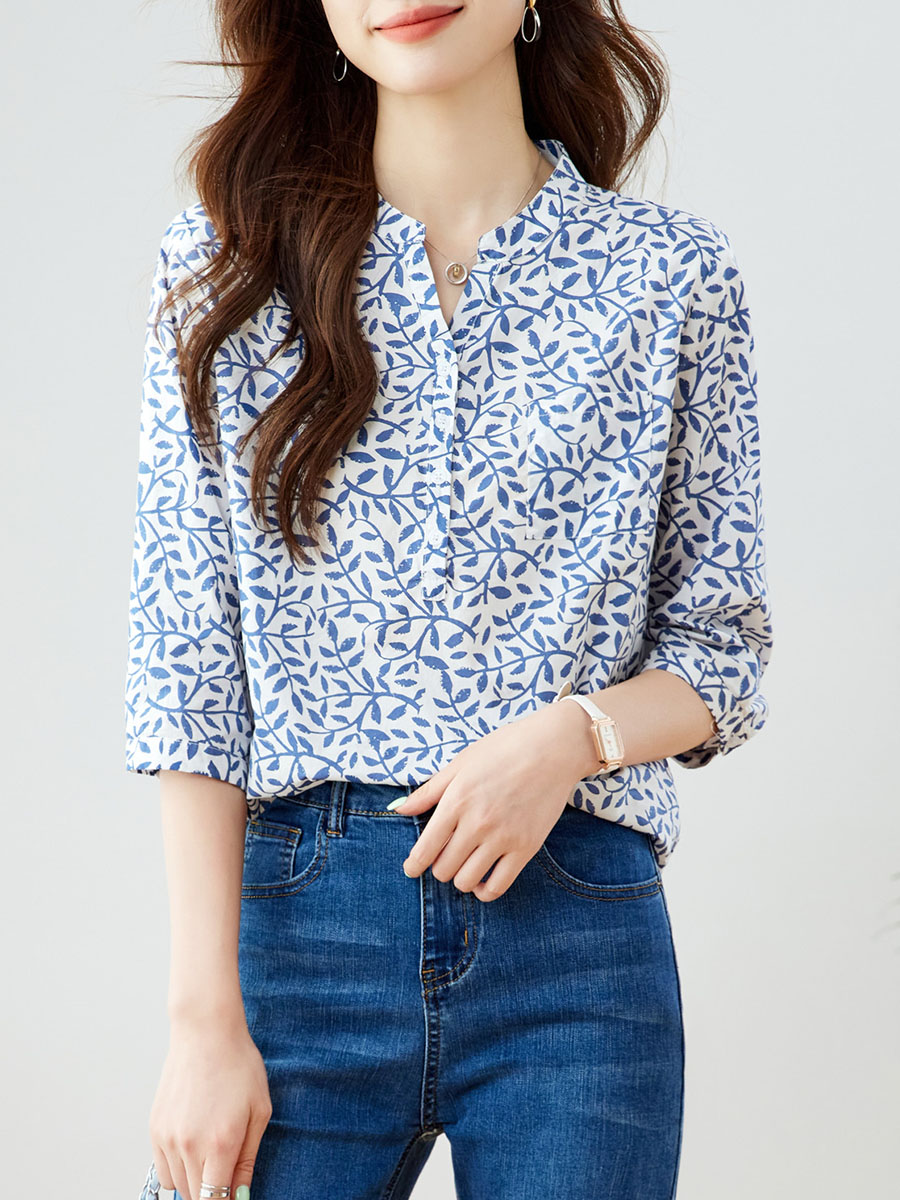 青ファッション 小枝模様のスタンドカラーシャツ