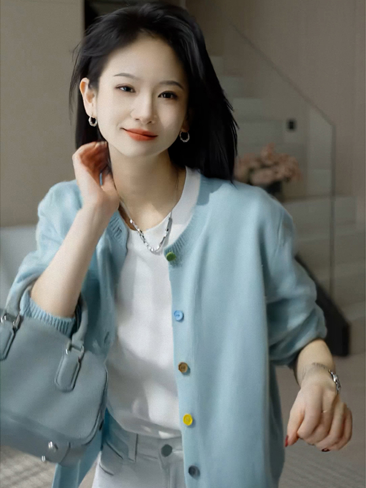 青ファッション 青ファッション 彩りボタン ニットカーディガン