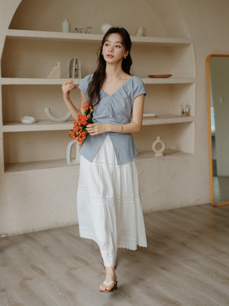 青ファッション フリルネックデザインシャツ