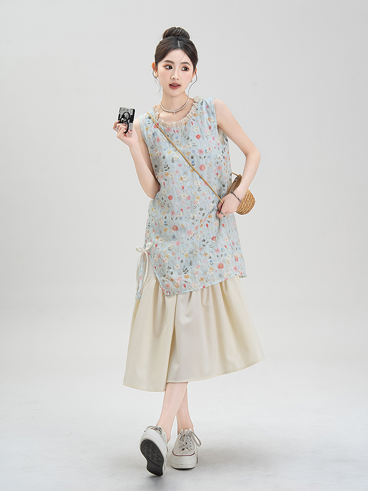 青ファッション 花ノースリーブチュニック