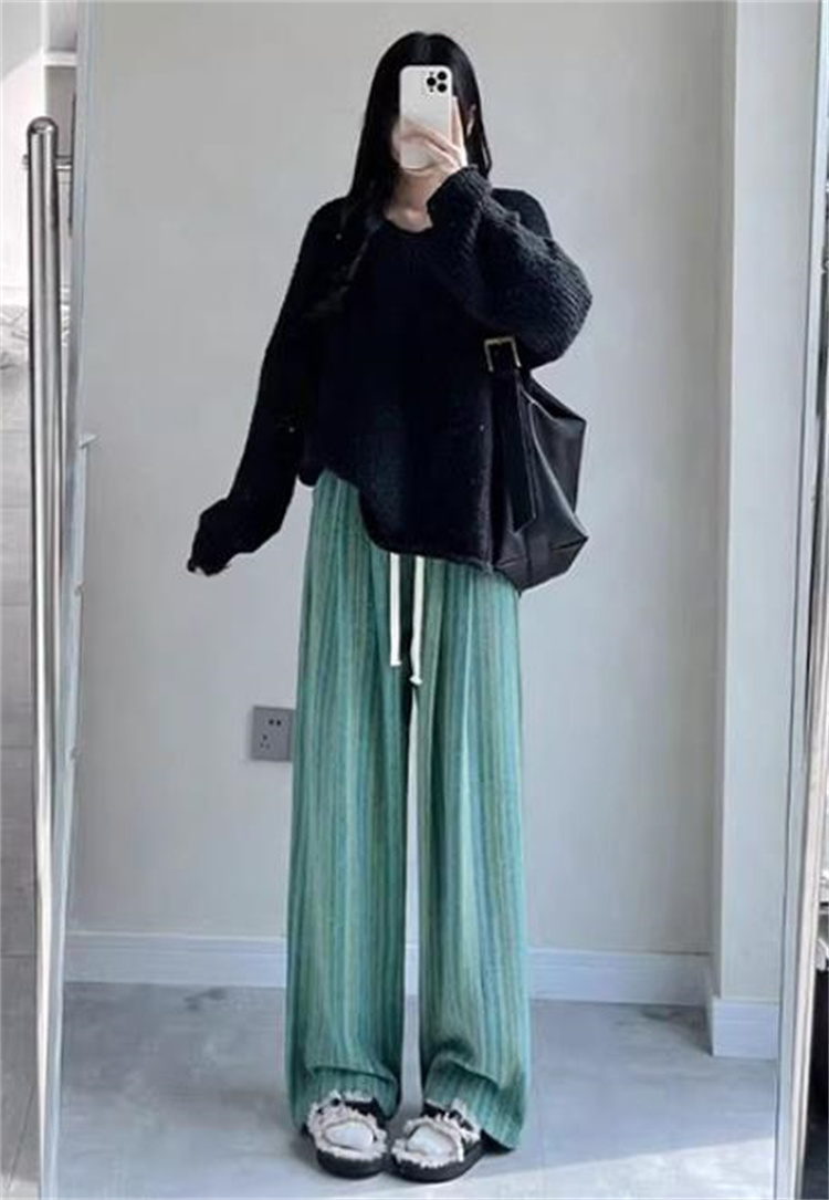 青ファッション 大人可愛い縦縞柄ワイドパンツ レディース